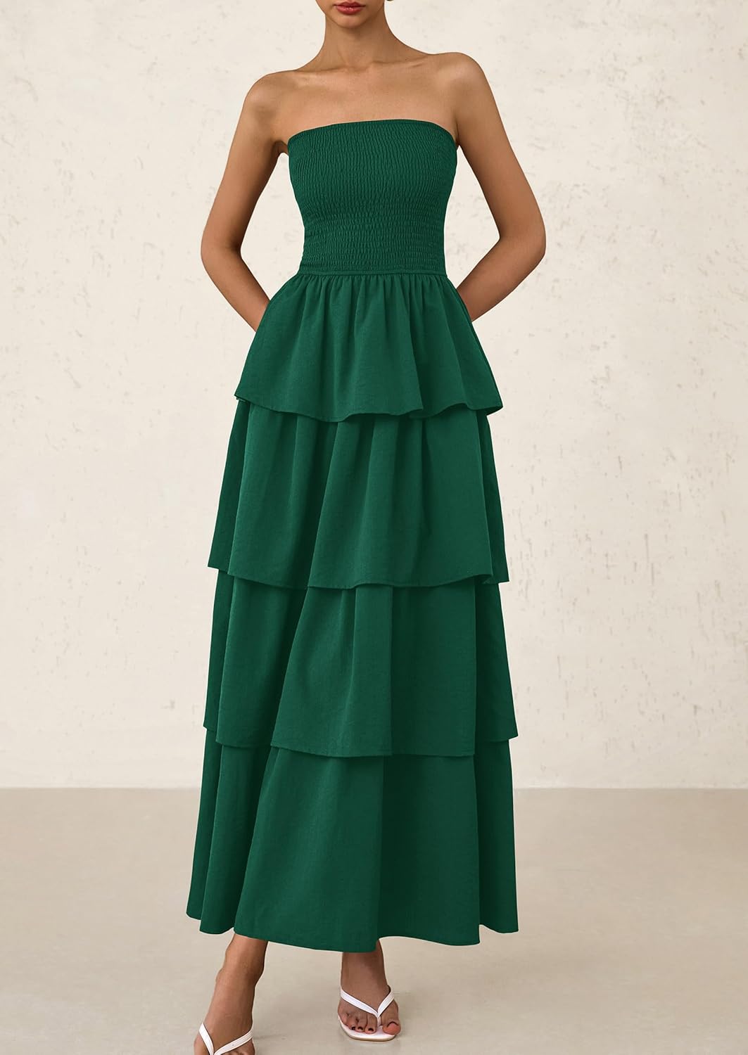 Off Shoulder Smocked Tiered Ruffle Long Flowy Casual Beach Maxi Dress