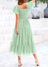 Smocked Tulle Puffy Short Sleeve Square Neck Ruffle Midi Dresses