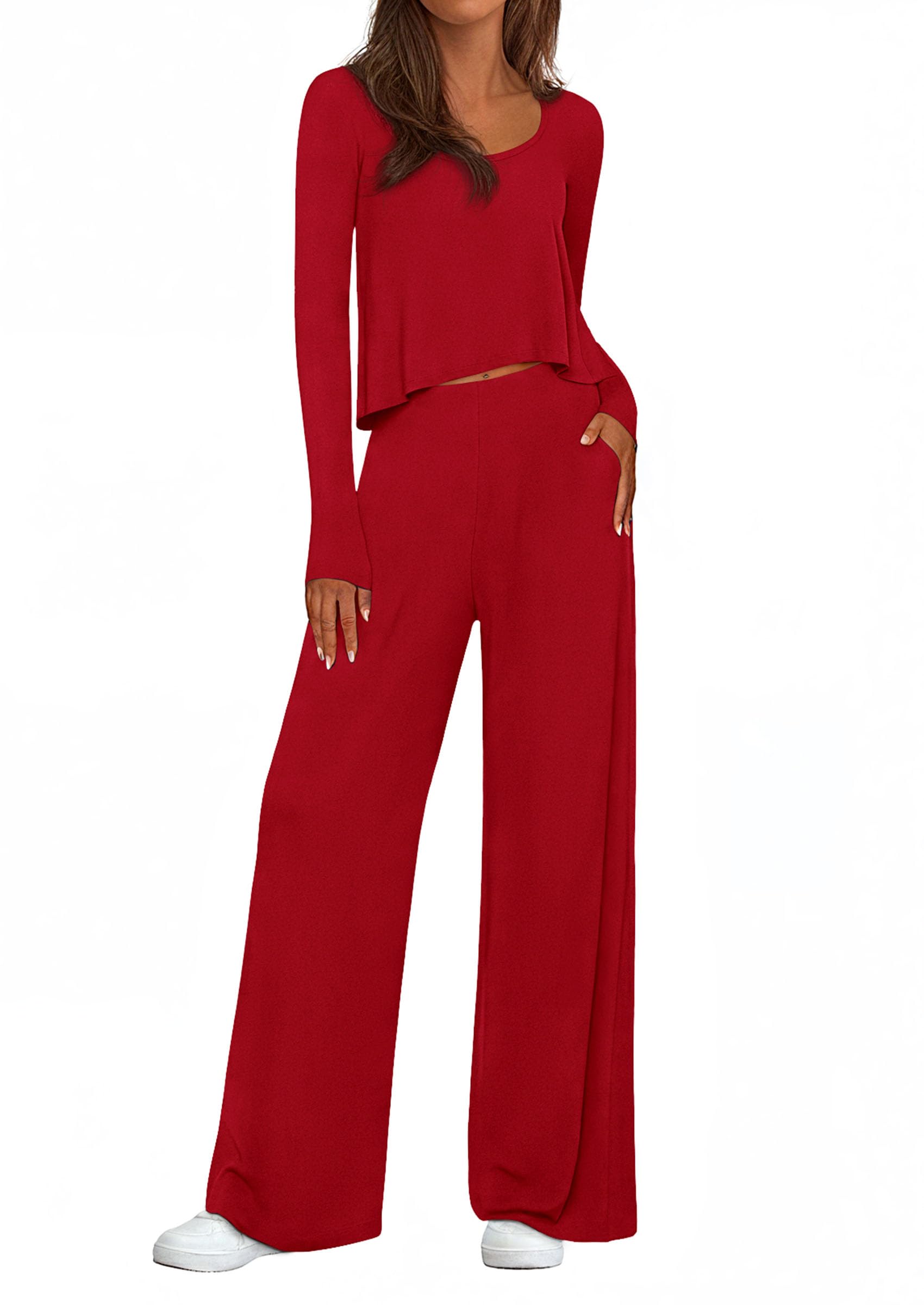 PRETTYGARDEN Women's 2 Piece Fall Sets  Casual Long Sleeve Shirts Wide Leg Pants Lounge Travel Outfits Fashion Clothing
