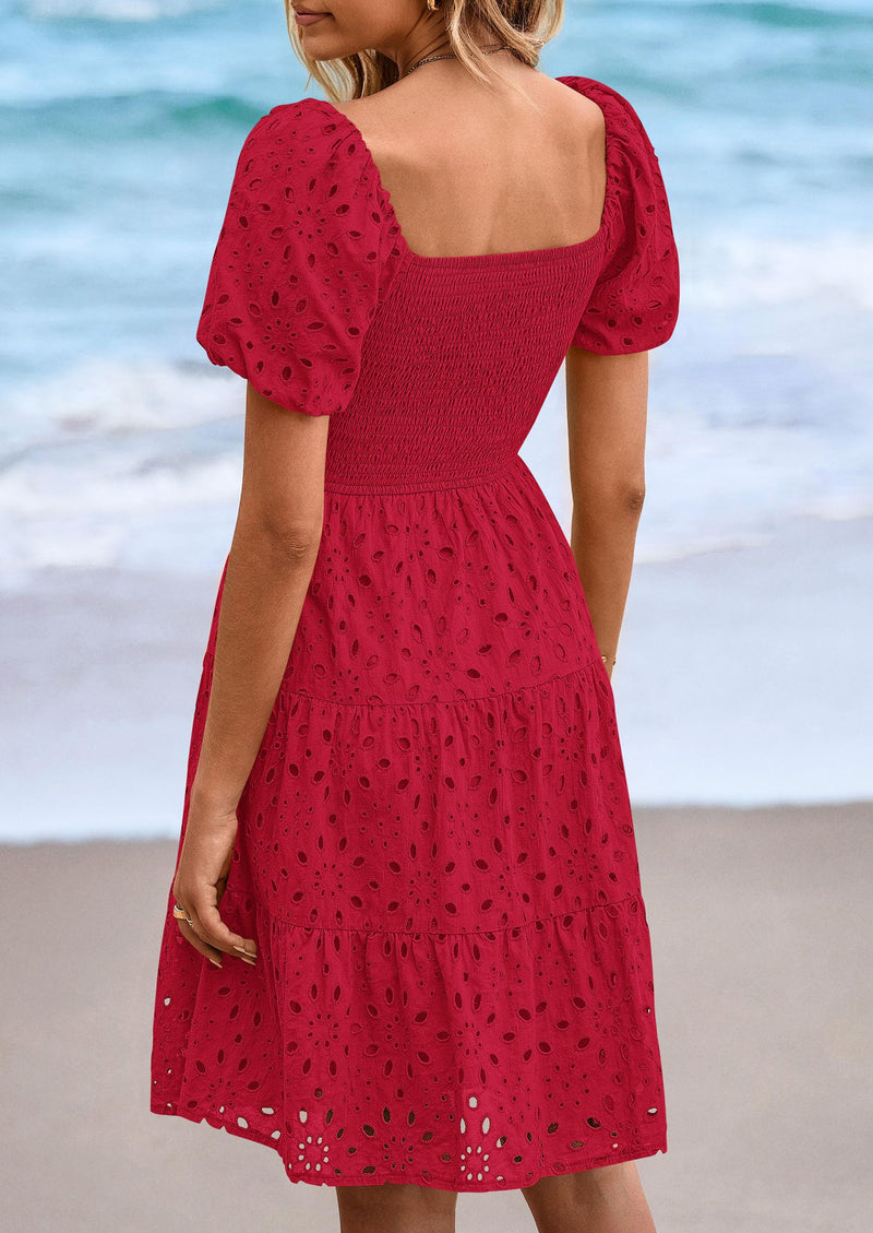 PRETTYGARDEN Womens Summer Puff Sleeve Mini Dress Off Shoulder Eyelet Smocked A Line Casual Babydoll Short Dresses