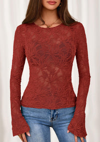 PRETTYGARDEN Womens Lace Long Bell Sleeve Tops Fall Sexy See Through Sheer Floral Blouse Shirt Fitted Going Out Outfits