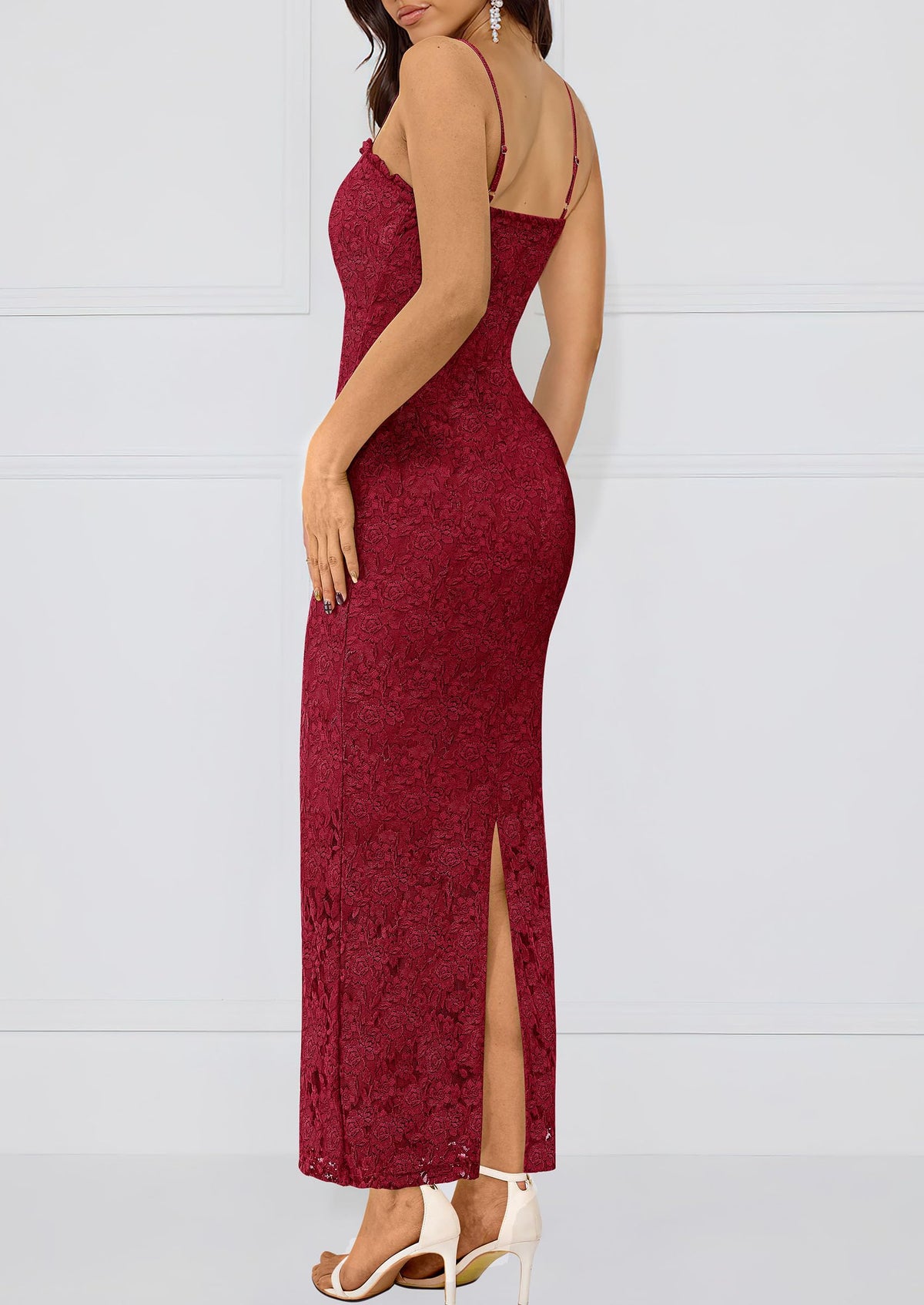 Elegant Spaghetti Strap Lace Floral Bodycon Maxi Dress