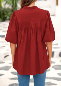 Lantern Sleeve Loose Fit Button Down Casual Pleated V Neck Blouses