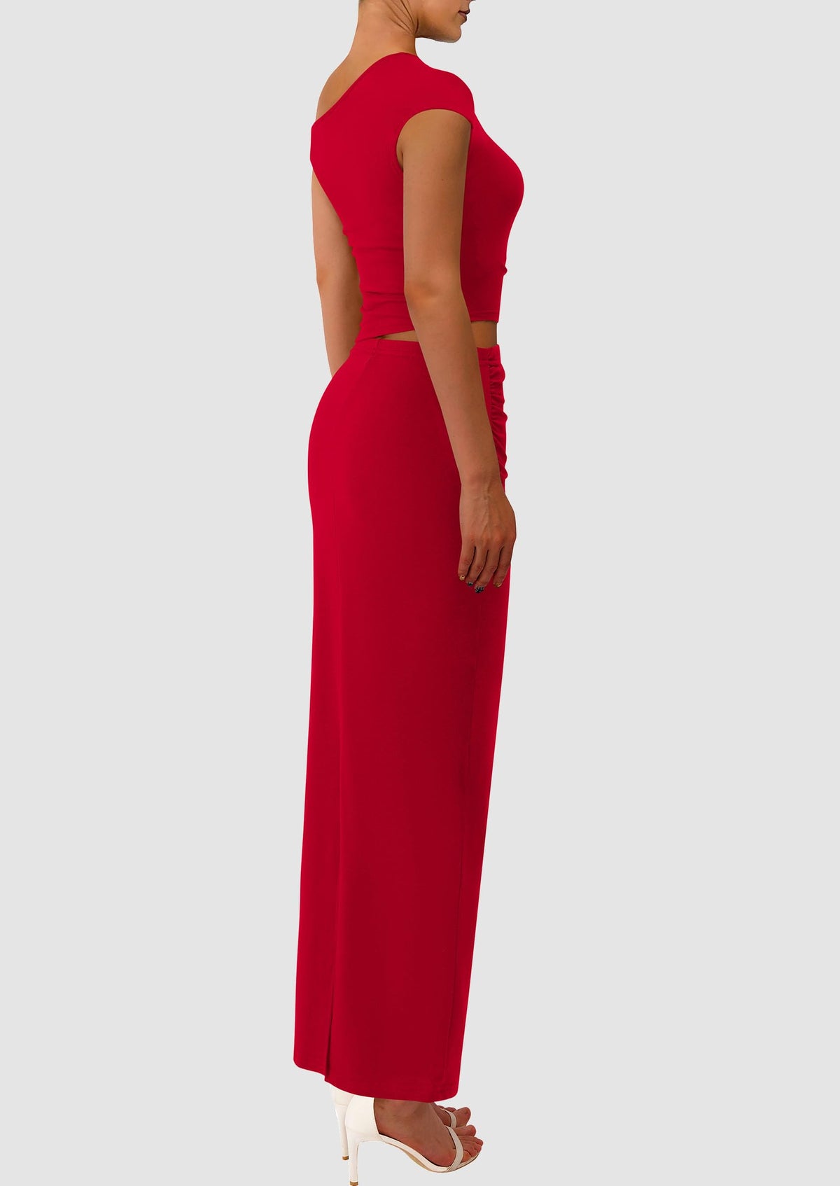 One Shoulder Sleeveless Ruched Slit Bodycon Two Piece Skirt Set