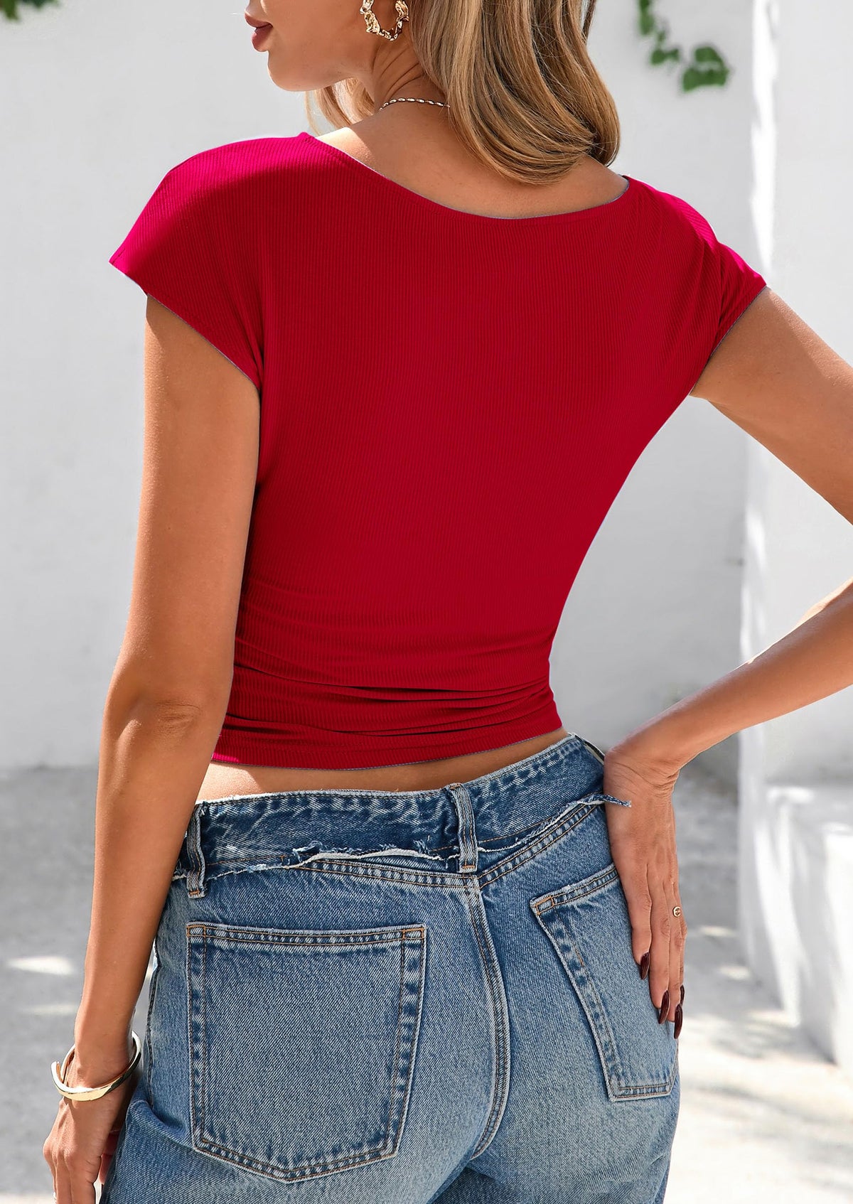 Ruched Crop Cap Sleeve Ribbed Knit Fitted Going Out T-shirts