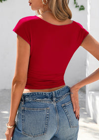 Ruched Crop Cap Sleeve Ribbed Knit Fitted Going Out T-shirts