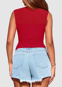 Sheer Mesh Casual Sleeveless Mock Neck Ruched Slim Fitted Tank Tops