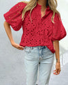 PRETTYGARDEN Women's Summer Short Sleeve Tops 2025 Dressy Casual Buttons V Neck Hollow Out Lace Embroidered Blouses Shirts