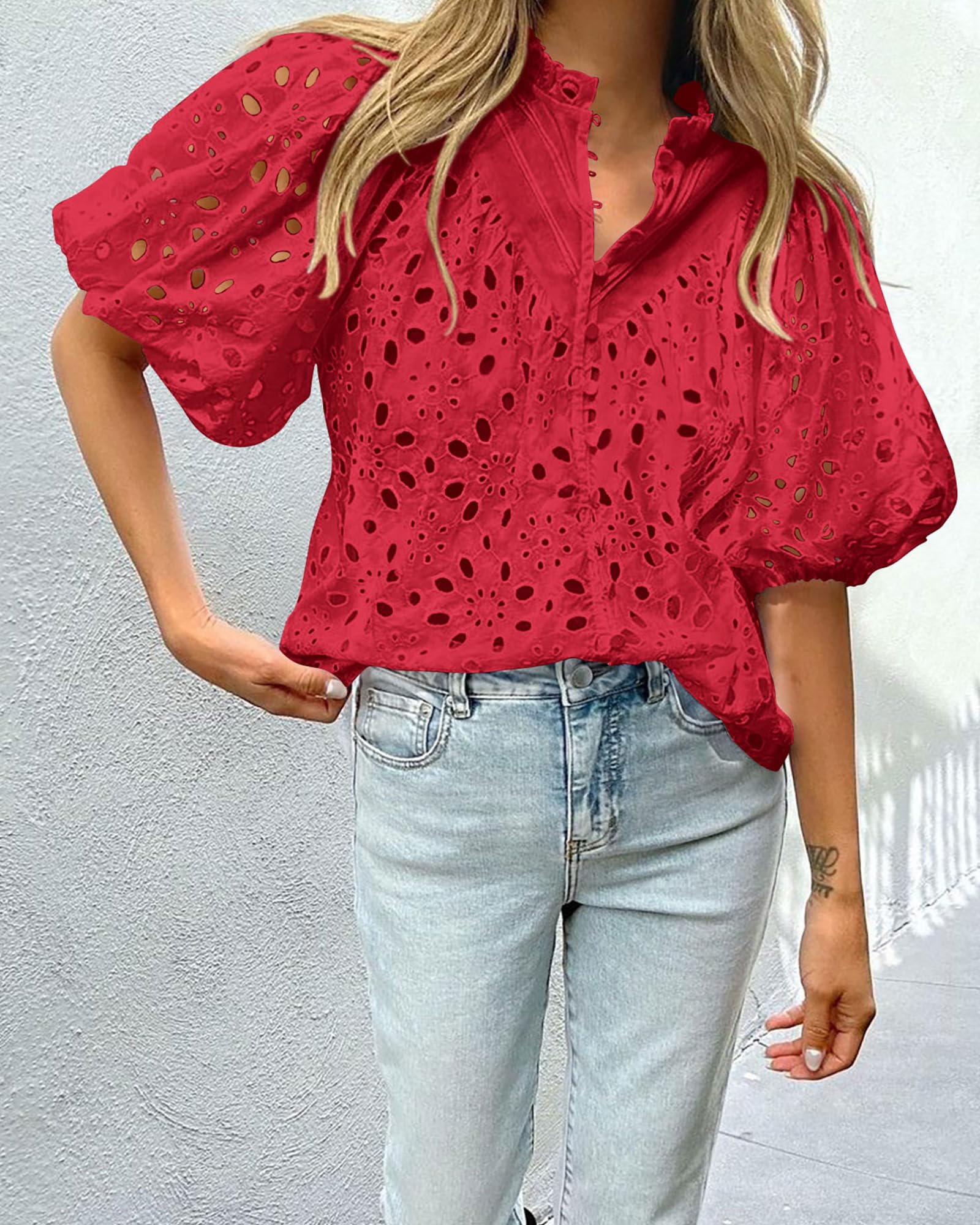 PRETTYGARDEN Women's Summer Short Sleeve Tops 2025 Dressy Casual Buttons V Neck Hollow Out Lace Embroidered Blouses Shirts