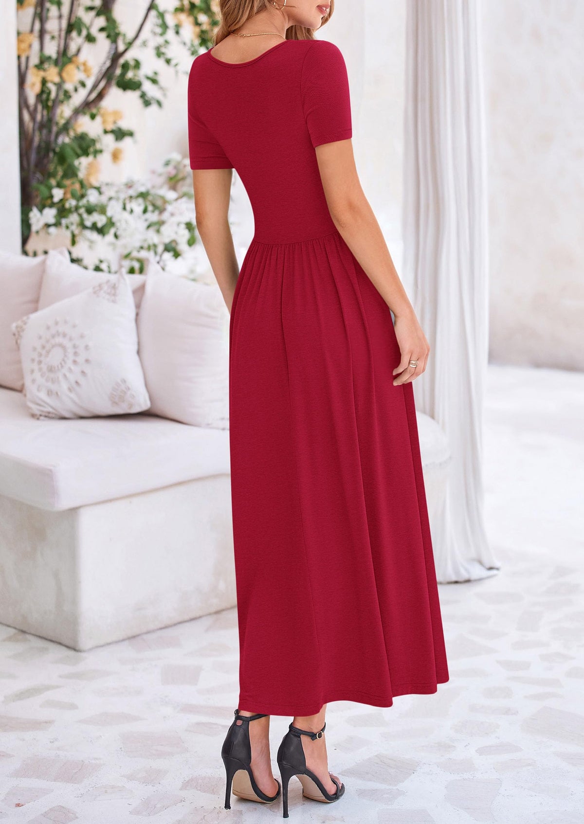 Casual Short Sleeve Ruched Patchwork A Line Pleated Swing Maxi Dresses with Pockets