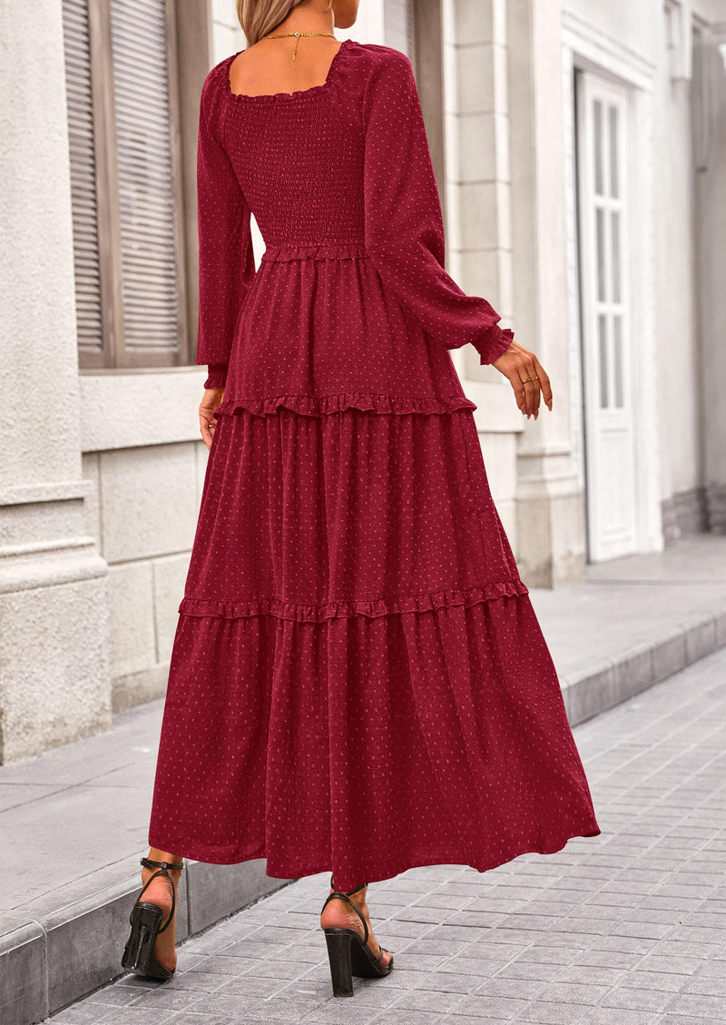 PRETTYGARDEN Women Fall Long Sleeve Smocked Maxi Dress Casual Square Neck Swiss Dot Tiered Ruffle Flowy Spring Pocket Dresses