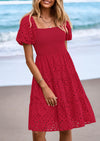 PRETTYGARDEN Womens Summer Puff Sleeve Mini Dress Off Shoulder Eyelet Smocked A Line Casual Babydoll Short Dresses