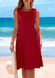 Sleeveless Crew Neck Loose Tank A-Line Pleated Swing Flowy Party Mini Dress