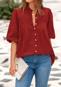 Lantern Sleeve Loose Fit Button Down Casual Pleated V Neck Blouses
