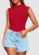 Sheer Mesh Casual Sleeveless Mock Neck Ruched Slim Fitted Tank Tops
