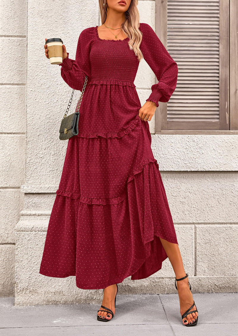 PRETTYGARDEN Women Fall Long Sleeve Smocked Maxi Dress Casual Square Neck Swiss Dot Tiered Ruffle Flowy Spring Pocket Dresses