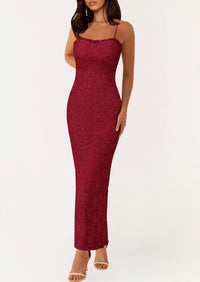 Elegant Spaghetti Strap Lace Floral Bodycon Maxi Dress