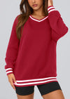 PRETTYGARDEN Women's Oversized Sweatshirts Casual Long Sleeve Stripes Knit V Neck Pullover Top Fall Teens Preppy Clothes