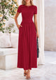 Casual Short Sleeve Ruched Patchwork A Line Pleated Swing Maxi Dresses with Pockets