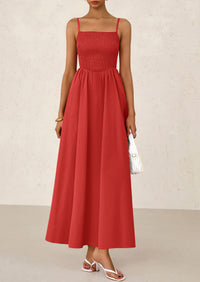 Smocked Beach Casual Spaghetti Strap Swing A Line Flowy Maxi Dresses