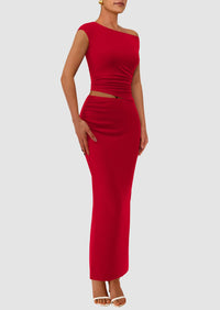 One Shoulder Sleeveless Ruched Slit Bodycon Two Piece Skirt Set