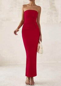 Strapless Tube Bodycon Ruched Slit Maxi Dresses