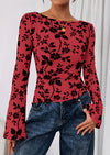PRETTYGARDEN Women Long Sleeve Floral Mesh Tops Blouse  Fall Trendy Boat Neck Ruched Fitted Shirt Going Out Date Outfits