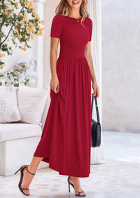 Casual Short Sleeve Ruched Patchwork A Line Pleated Swing Maxi Dresses with Pockets