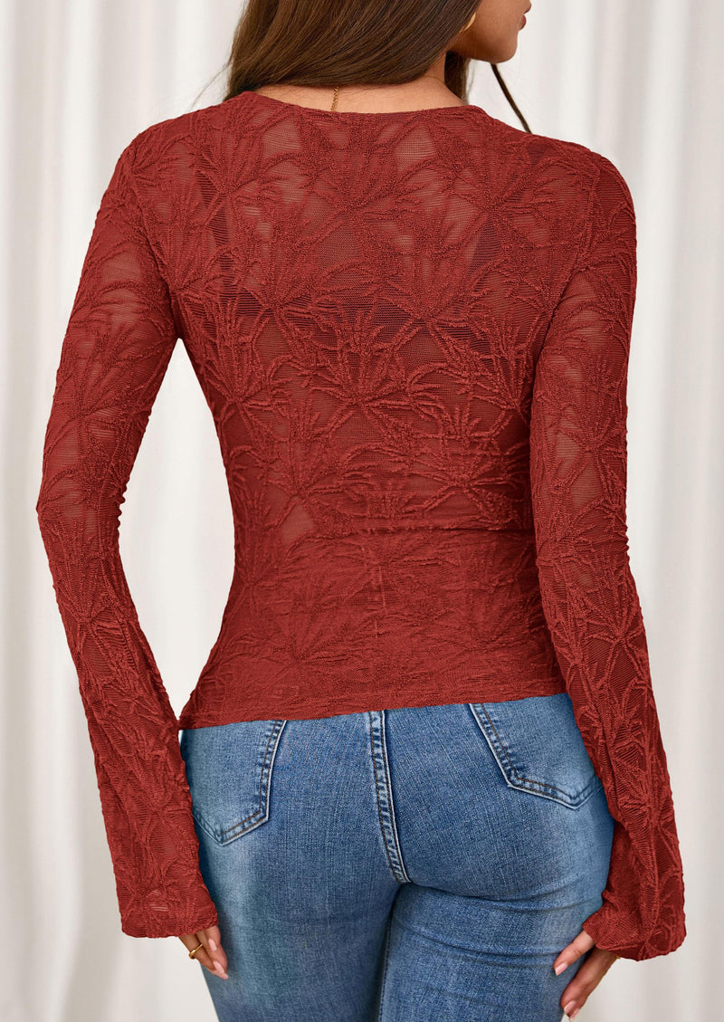 PRETTYGARDEN Womens Lace Long Bell Sleeve Tops Fall Sexy See Through Sheer Floral Blouse Shirt Fitted Going Out Outfits