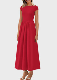 Casual Cap Sleeve Patchwork A Line Flowy Elegant Homecoming Maxi Dress