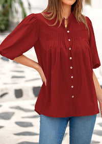 Lantern Sleeve Loose Fit Button Down Casual Pleated V Neck Blouses