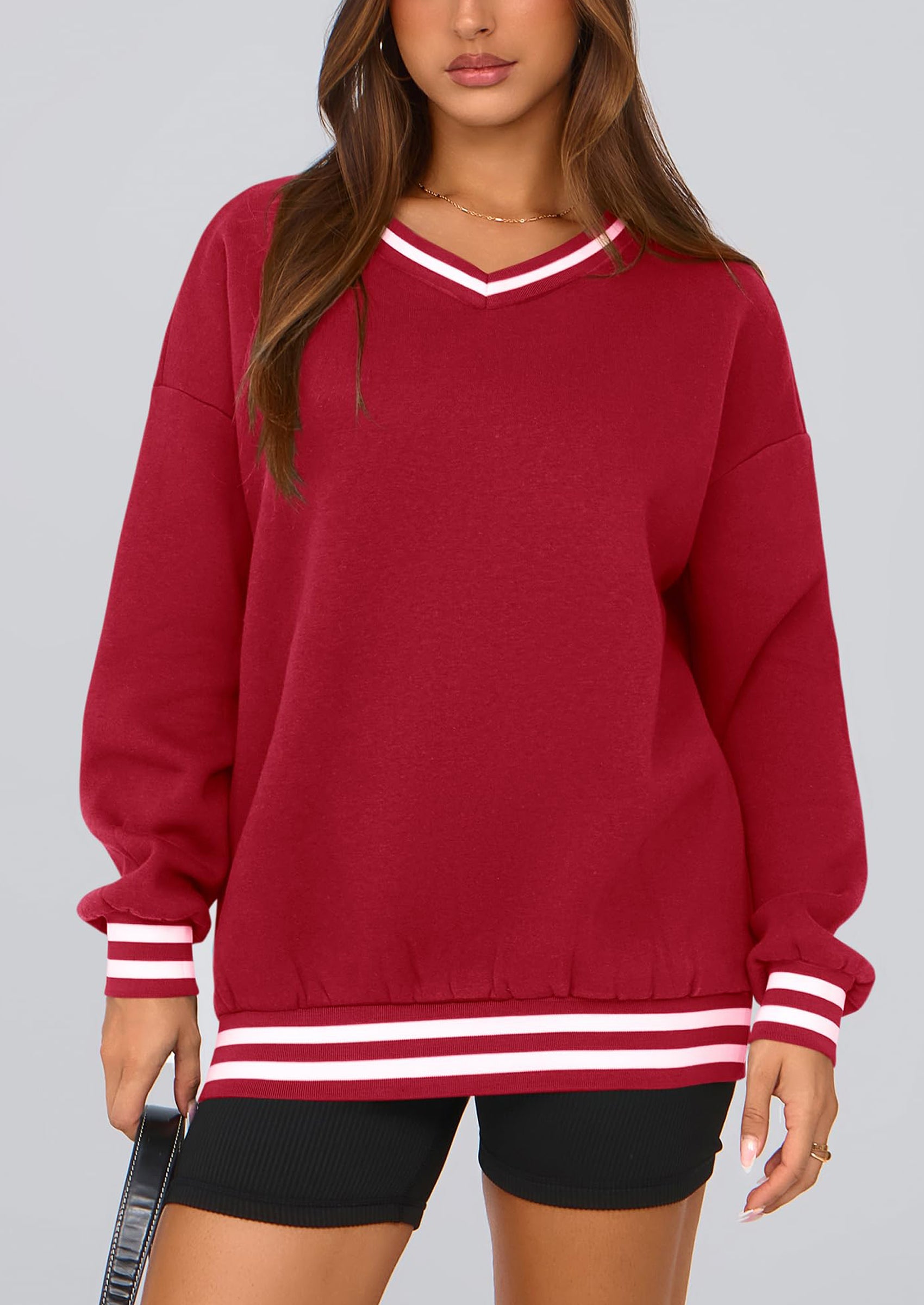 PRETTYGARDEN Women's Oversized Sweatshirts Casual Long Sleeve Stripes Knit V Neck Pullover Top Fall Teens Preppy Clothes