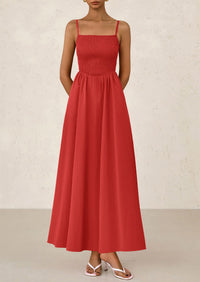 Smocked Beach Casual Spaghetti Strap Swing A Line Flowy Maxi Dresses
