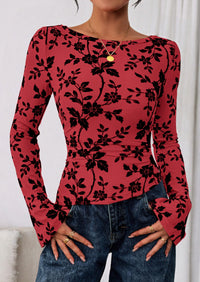 PRETTYGARDEN Women Long Sleeve Floral Mesh Tops Blouse  Fall Trendy Boat Neck Ruched Fitted Shirt Going Out Date Outfits