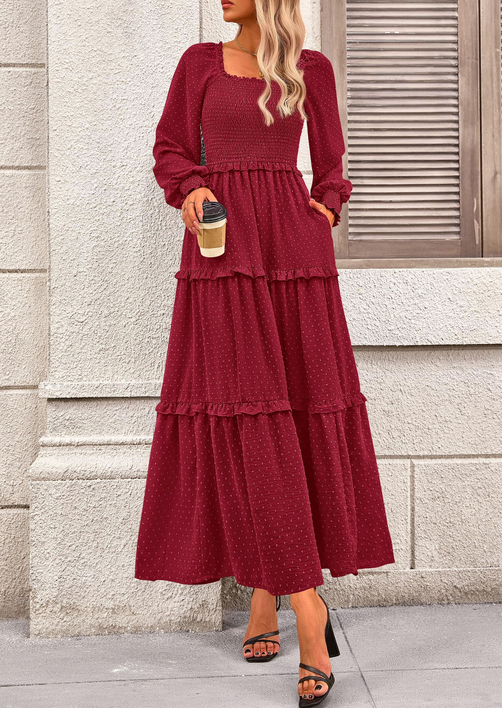 PRETTYGARDEN Women Fall Long Sleeve Smocked Maxi Dress Casual Square Neck Swiss Dot Tiered Ruffle Flowy Spring Pocket Dresses