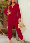 PRETTYGARDEN Women's Fall Jumpsuits Dressy Casual Pants Romper Spring Long Sleeve V Neck Belt Pockets One Piece Outfits