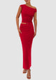One Shoulder Sleeveless Ruched Slit Bodycon Two Piece Skirt Set