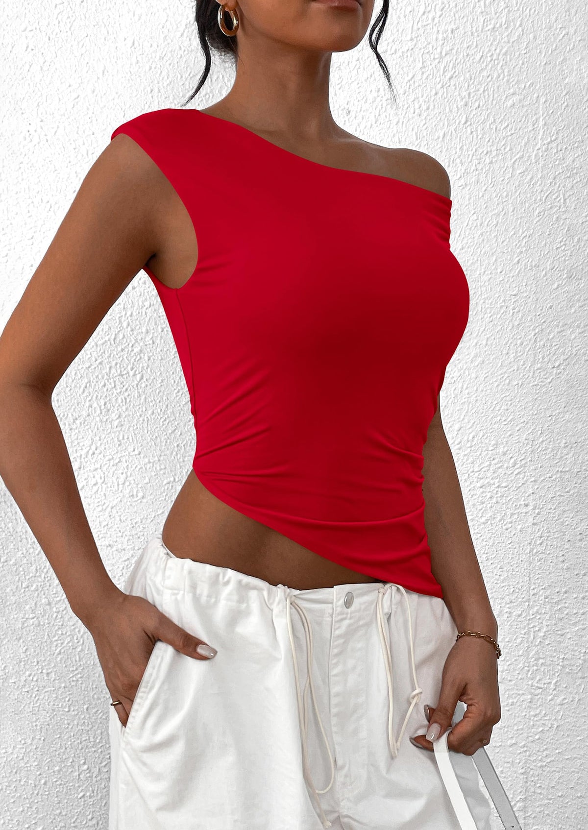 Off The Shoulder Sleeveless One Shoulder Ruched Asymmetrical Y2K Tank Top