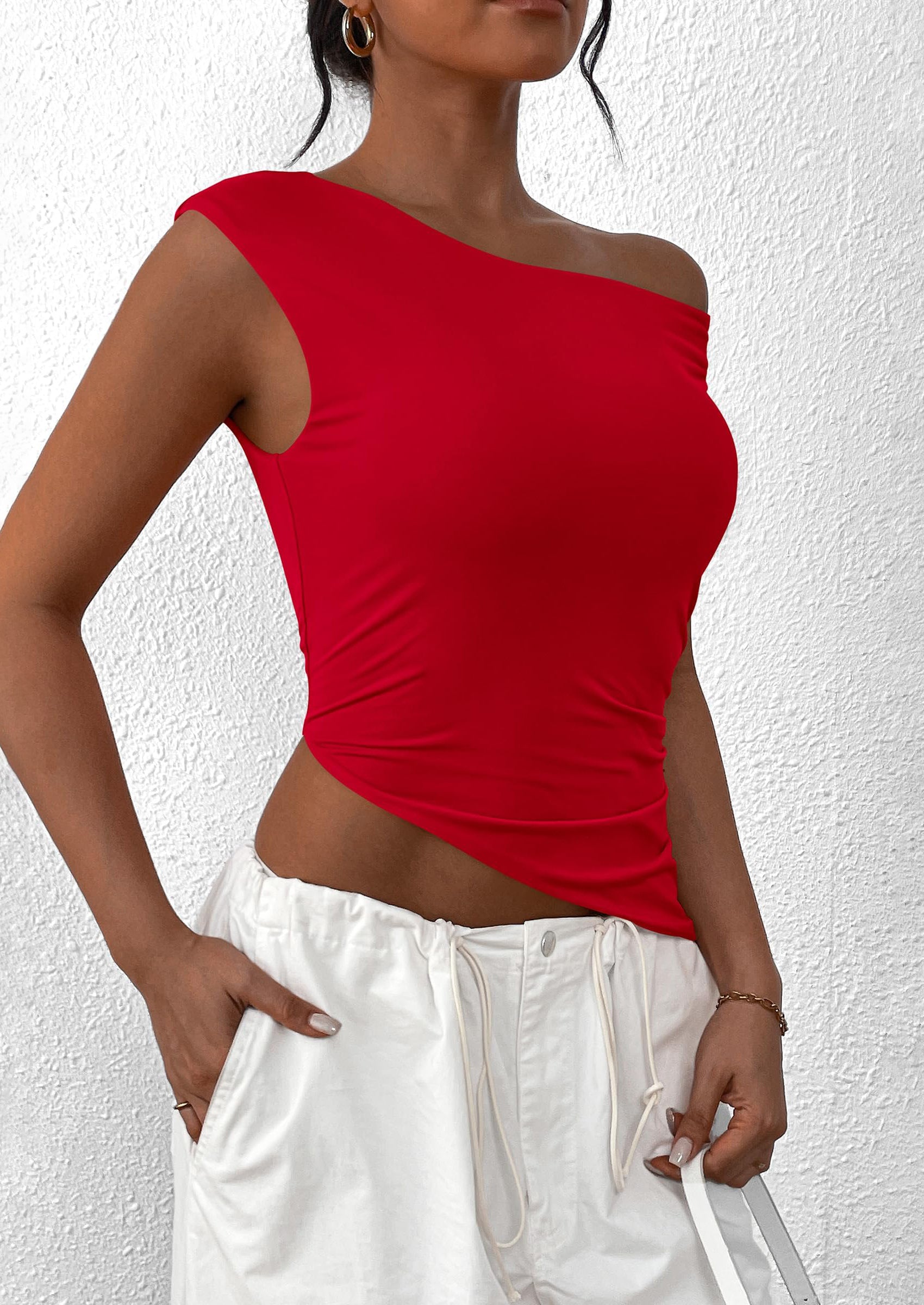 PRETTYGARDEN Womens Off The Shoulder Tops Summer Sleeveless One Shoulder Ruched Asymmetrical Y2K Going Out Crop Tank Top