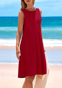 Sleeveless Crew Neck Loose Tank A-Line Pleated Swing Flowy Party Mini Dress