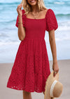 PRETTYGARDEN Womens Summer Puff Sleeve Mini Dress Off Shoulder Eyelet Smocked A Line Casual Babydoll Short Dresses