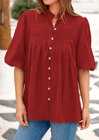 Lantern Sleeve Loose Fit Button Down Casual Pleated V Neck Blouses