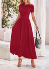 PRETTYGARDEN Women's Casual Dresses Summer Short Sleeve Ruched Patchwork A Line Pleated Swing Maxi Dress with Pockets