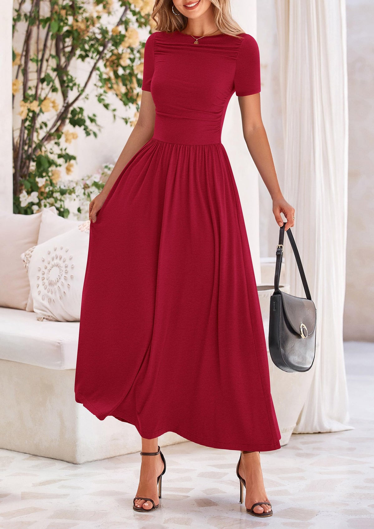 Casual Short Sleeve Ruched Patchwork A Line Pleated Swing Maxi Dresses with Pockets