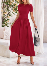 Casual Short Sleeve Ruched Patchwork A Line Pleated Swing Maxi Dresses with Pockets