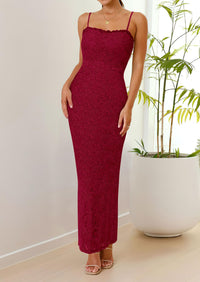 Elegant Spaghetti Strap Lace Floral Bodycon Maxi Dress