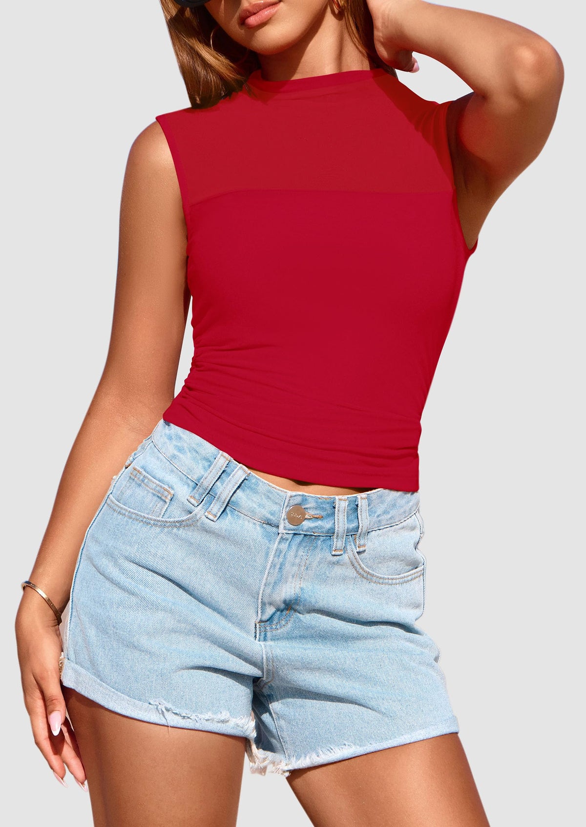 Sheer Mesh Casual Sleeveless Mock Neck Ruched Slim Fitted Tank Tops