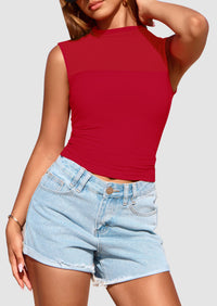 Sheer Mesh Casual Sleeveless Mock Neck Ruched Slim Fitted Tank Tops