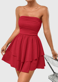 Strapless Tube  Off Shoulder Smocked Ruffle A Line Mini Dress