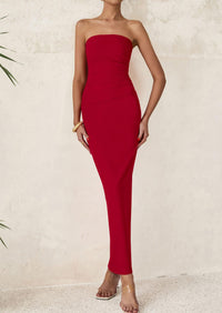 Strapless Tube Bodycon Ruched Slit Maxi Dresses